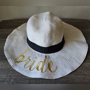 White Bride Sun Hat, Floppy Brim With Black Bow And Gold Embroidery, Bridal